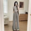 Pickle-colored wide-leg pants, high-waisted and slimming casual trousers details Picture